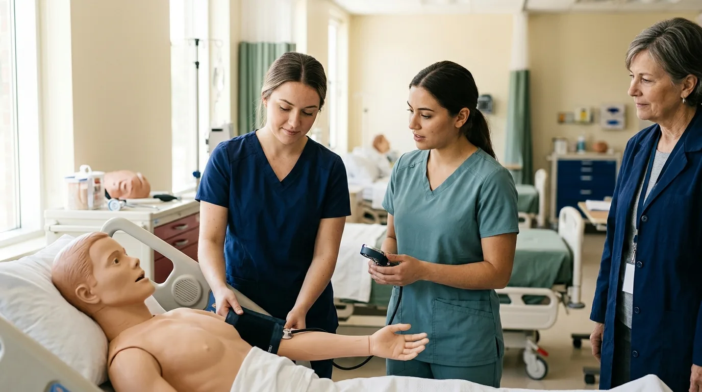 Illustrative photograph of nursing students learning with a simulation mannequin