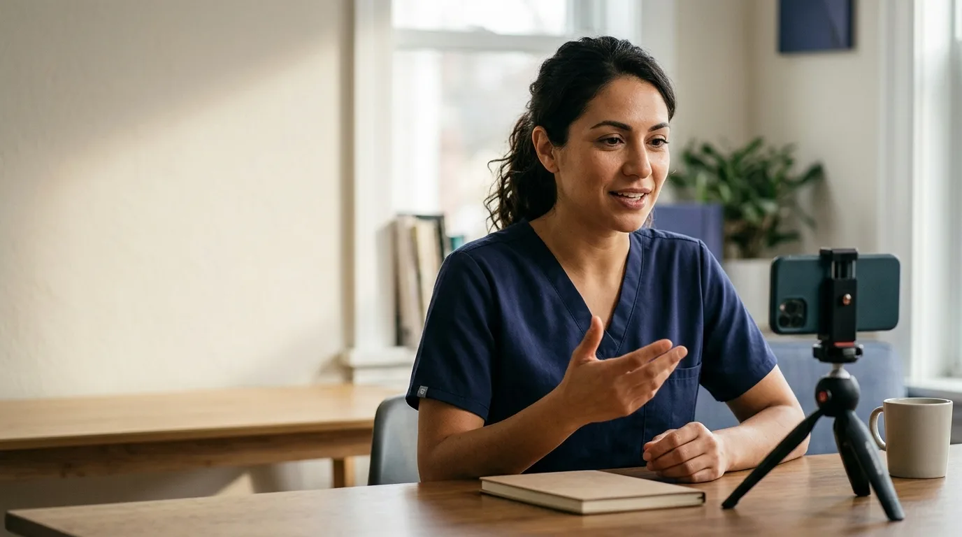 Illustrative photograph of a nurse recording educational content