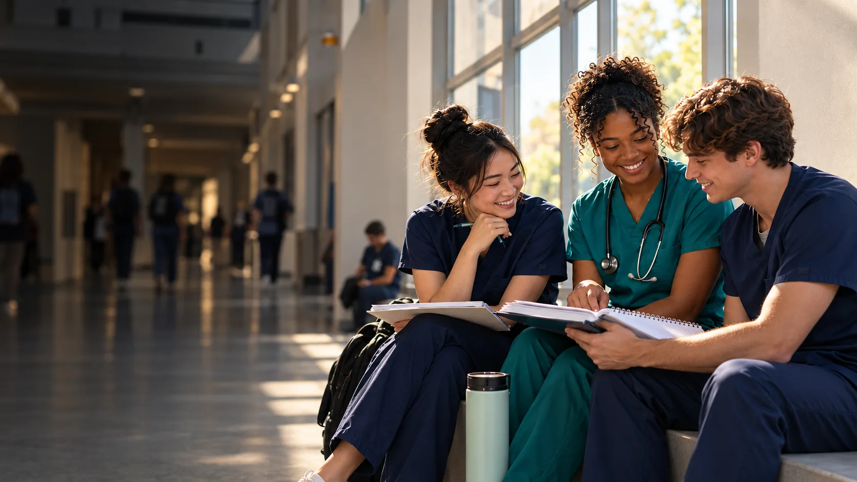 Nursing students in scrubs studying together in a bright hospital atrium