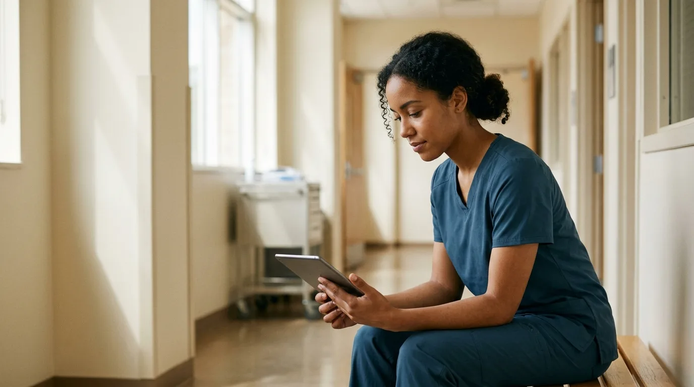 Illustrative photograph of a nursing student reviewing a tablet before class