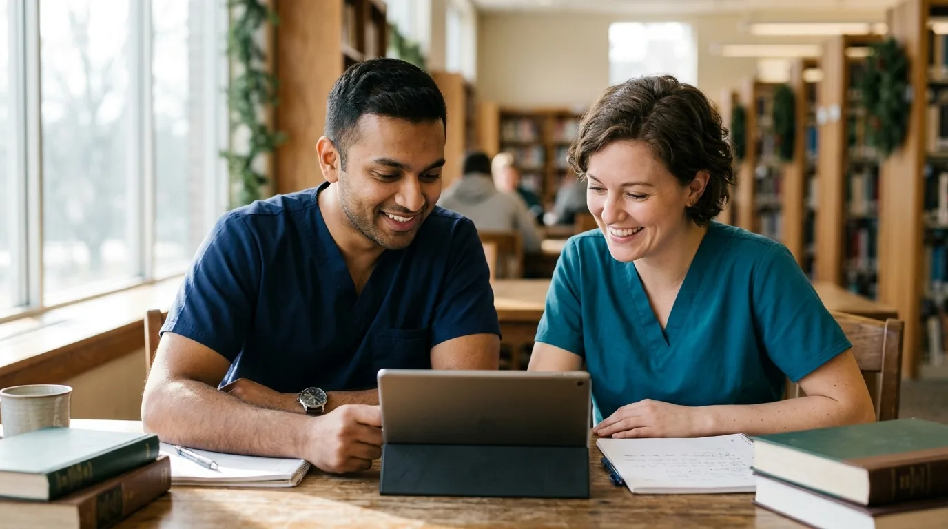 Illustrative photograph of two nursing students studying together with a tablet